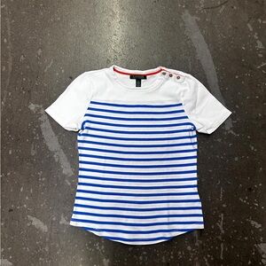 Ralph Lauren White Tee with Blue Stripes and Shoulder Buttons
